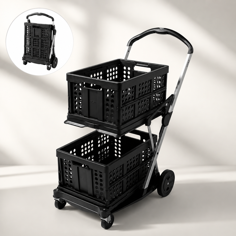 2-Tier Folding Utility Cart with Collapsible Crates 🛒