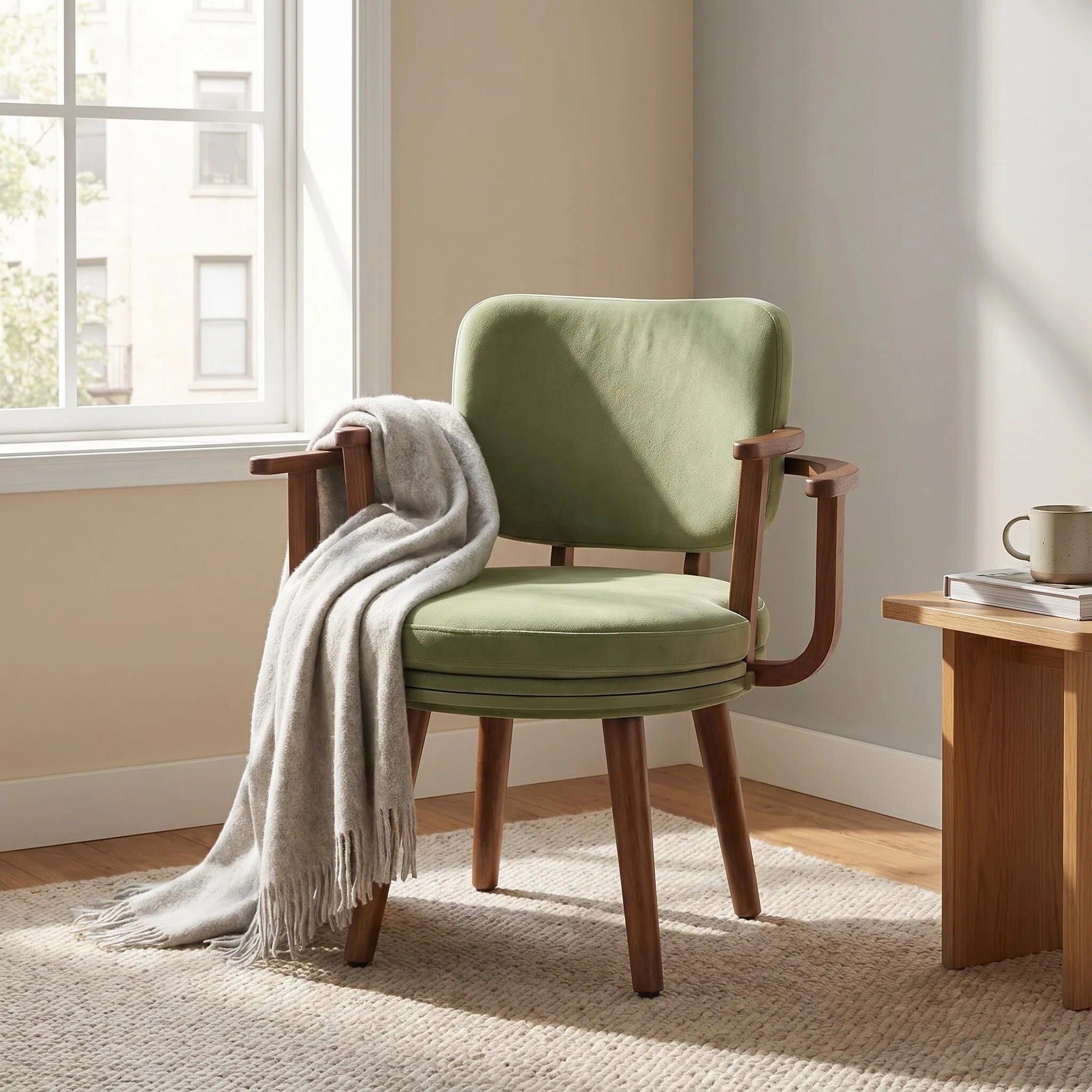 360° Swivel Green Fabric Solid Wood Armchair 🟢