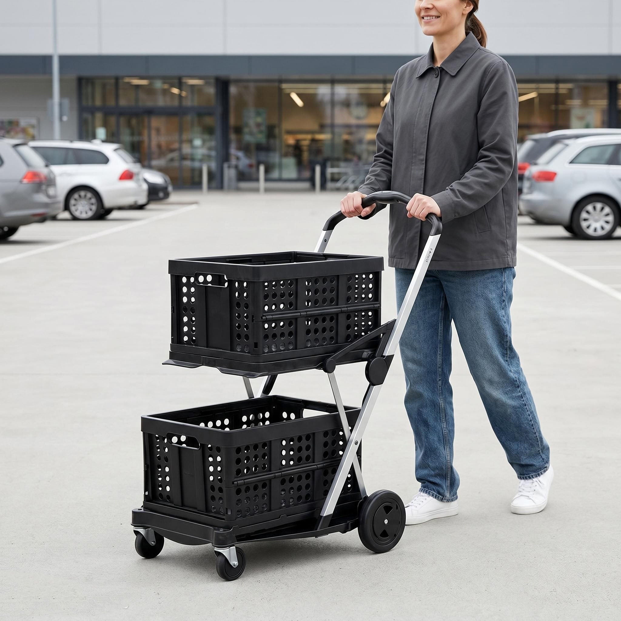 2-Tier Folding Utility Cart with Collapsible Crates 🛒
